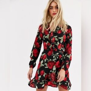 AX Paris Red Rose Floral Ruffle‎ Mini Dress Black Long Sleeve V-Neck Size 10